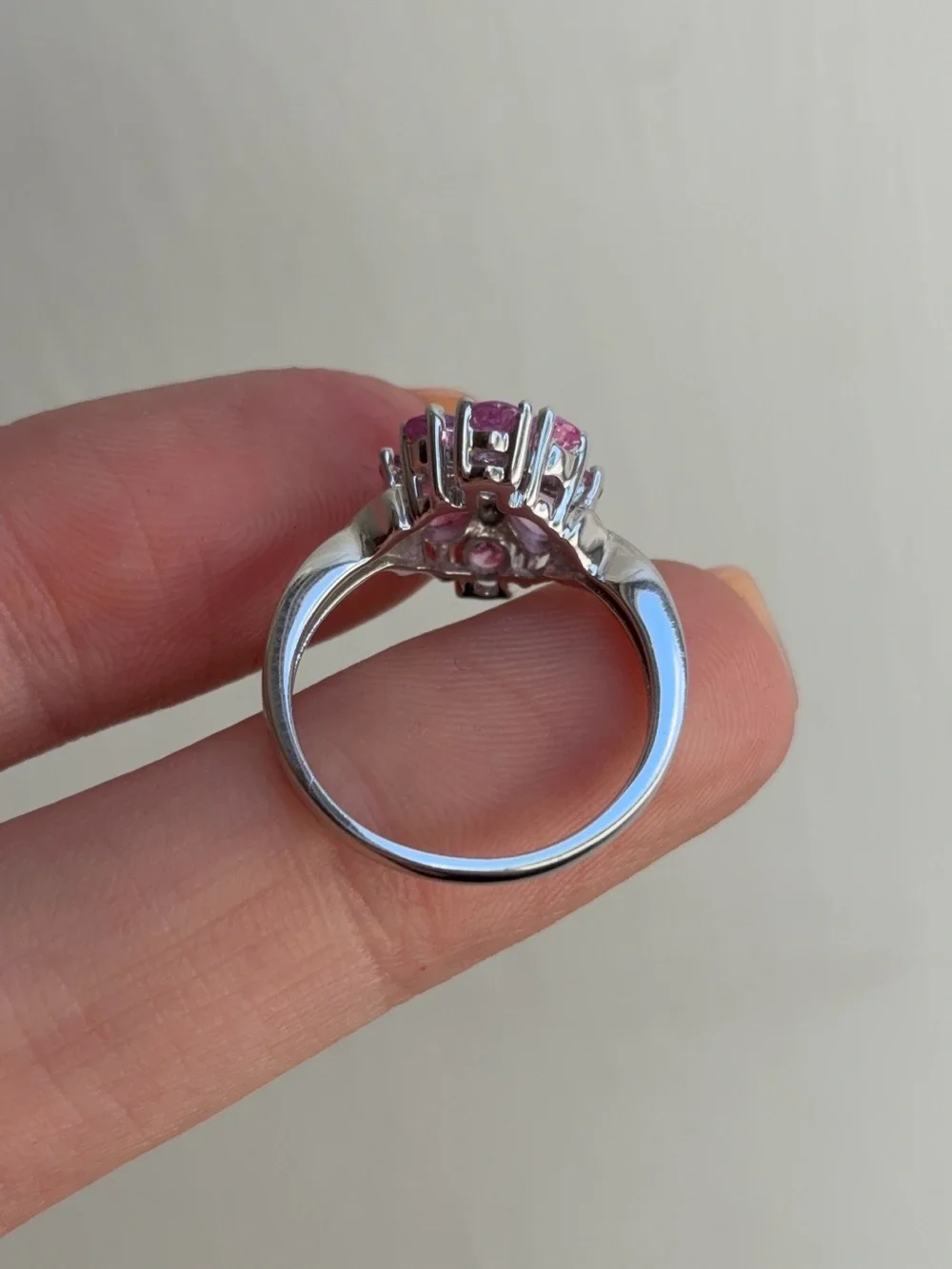 10k White Gold Diamond Pink Topaz Gemstone Cluster Cocktail Ring